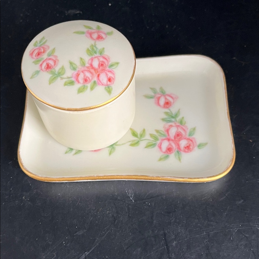 Signed AK France Limoges Floral Ceramic Dish and Trinket Lid Set